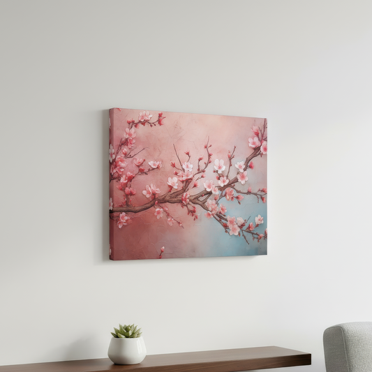 Canvas print of cherry blossoms on a wall above a wooden shelf with a plant and gray chair.