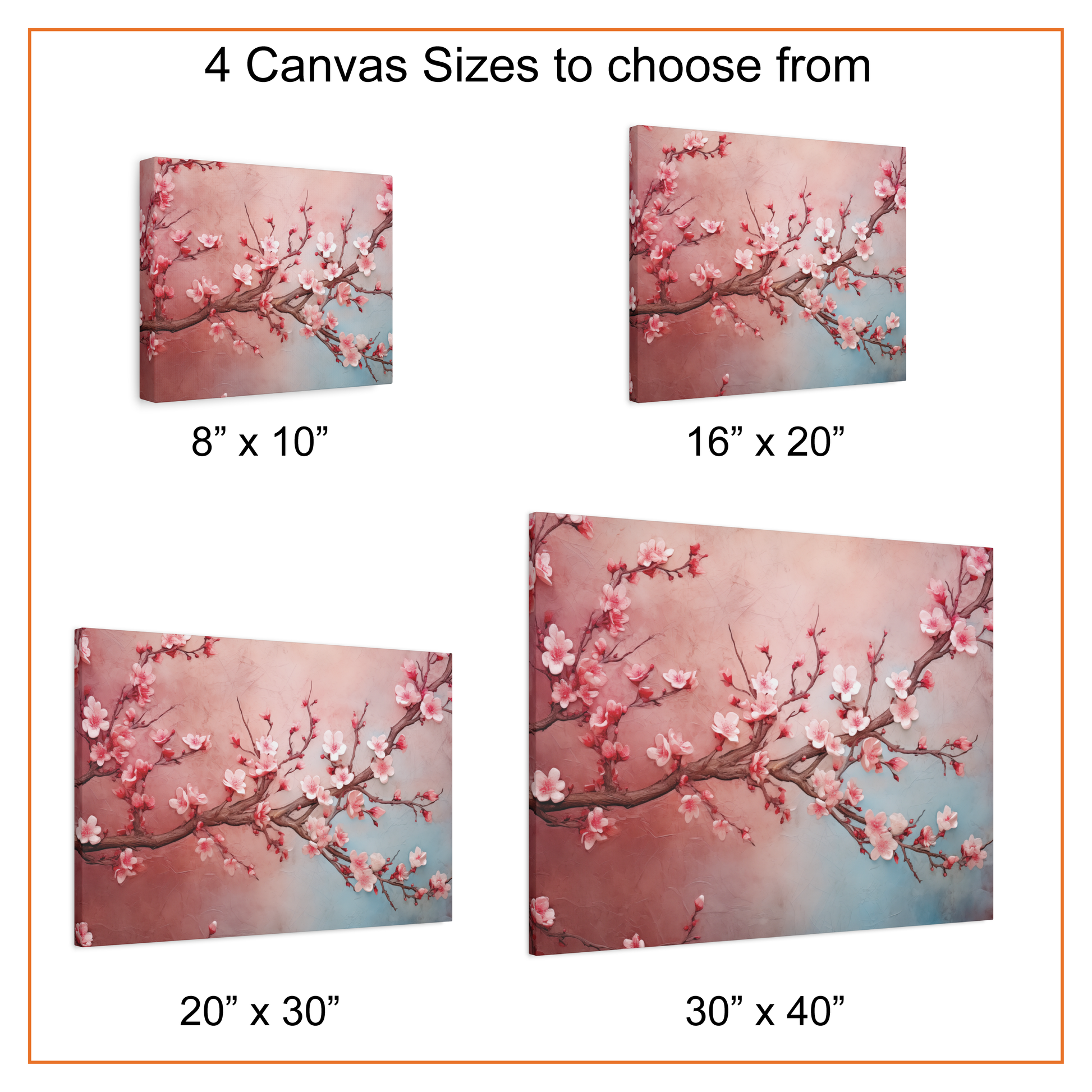 Canvas prints of cherry blossom branches in various sizes with a pink and blue gradient background.