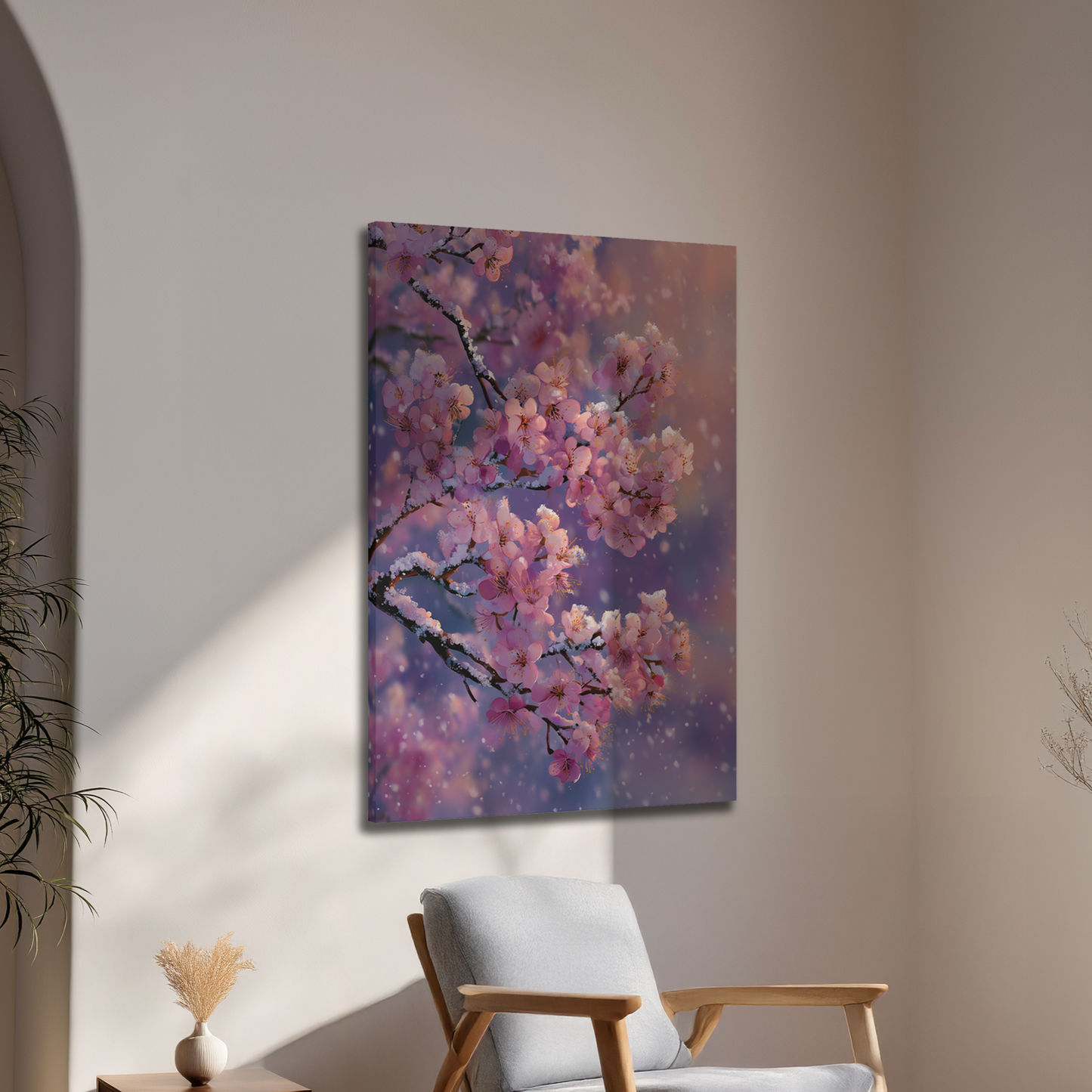 Snowy Cherry Blossom Canvas or Poster Print, Winter Sakura Flower Wall Art, Pink Floral Tree Artwork, Japanese Nature Home Decor