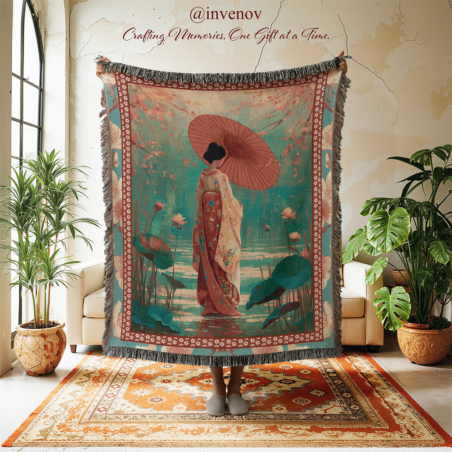 Decorative tapestry with a woman holding an umbrella in a garden design, displayed in a room with plants and furniture.