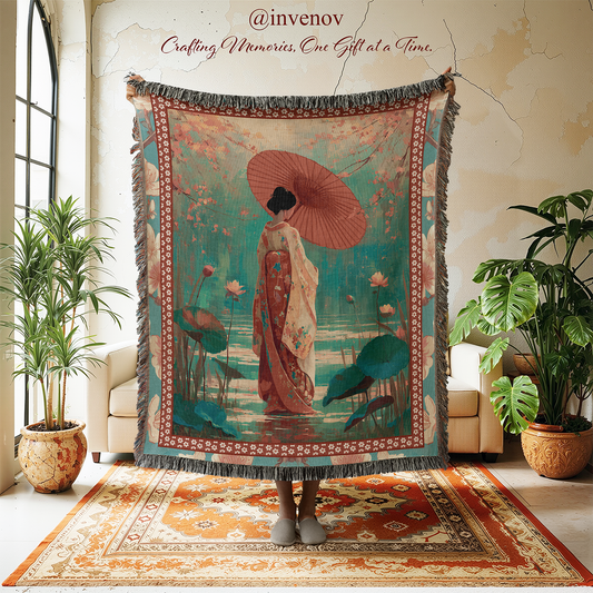 Decorative tapestry with a woman holding an umbrella in a garden design, displayed in a room with plants and furniture.