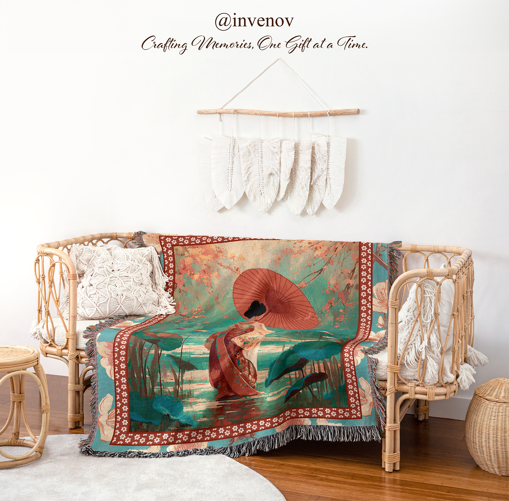 Decorative blanket with mermaid design on a wicker chair
