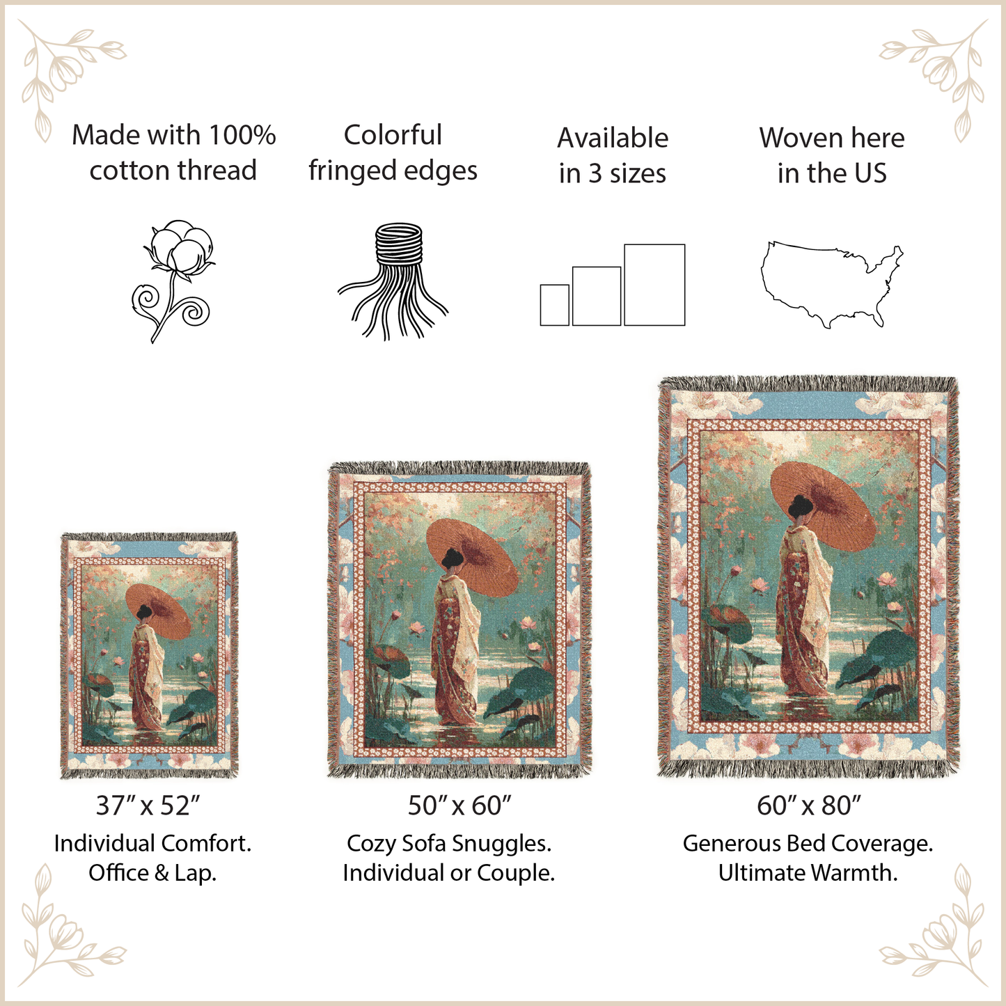 Decorative throw blanket with artistic design and product size information on a beige background.