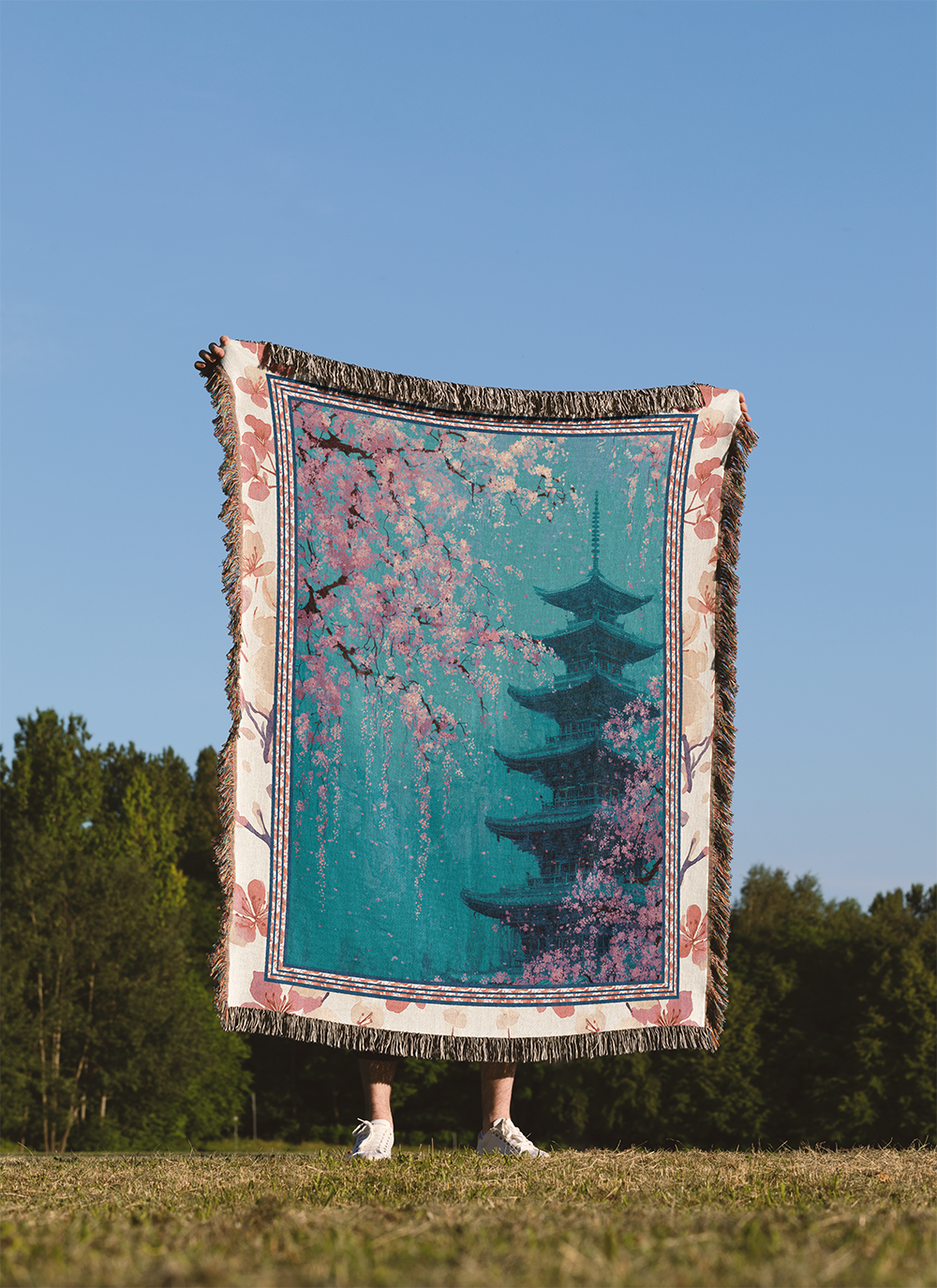 Japanese Pagoda Woven Blanket, Cherry Blossom Tapestry, Ukiyo-e Chinoiserie Style Jacquard Throw, Sakura Art Wall Hanging, Pink Floral Gift