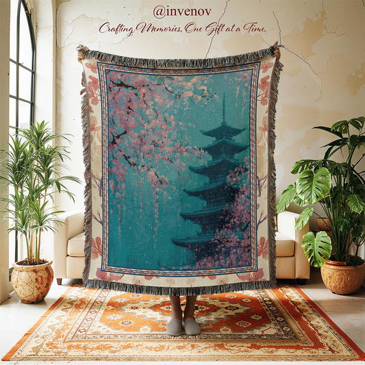 Decorative tapestry with a pagoda design in a room with plants and furniture.