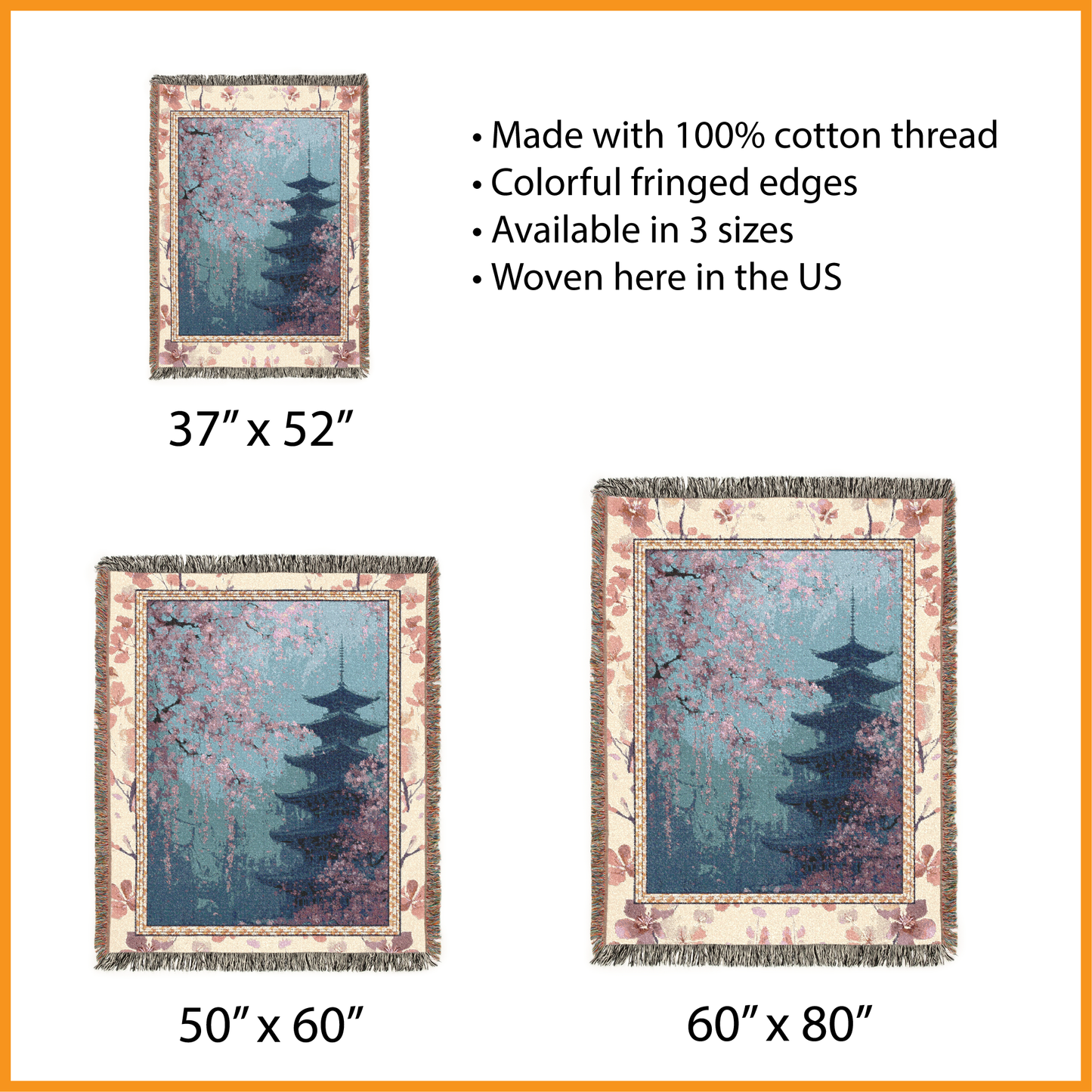 Japanese Pagoda Woven Blanket, Cherry Blossom Tapestry, Ukiyo-e Chinoiserie Style Jacquard Throw, Sakura Art Wall Hanging, Pink Floral Gift