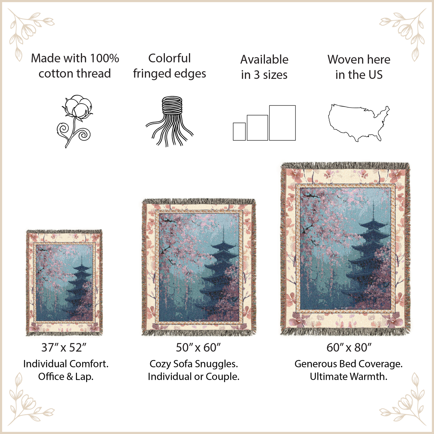 Blanket with pagoda design and size options on a beige background