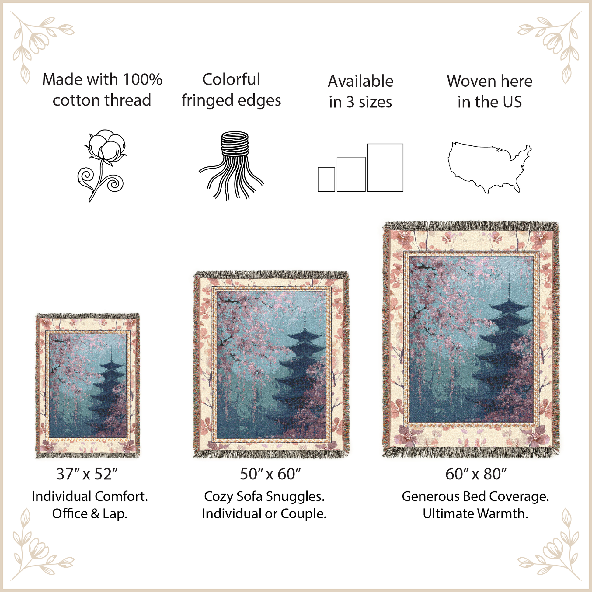 Blanket with pagoda design and size options on a beige background