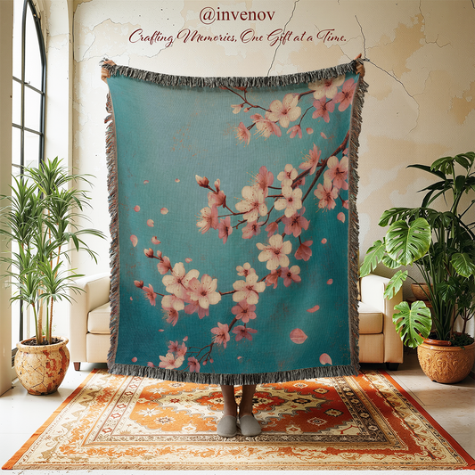 Floral tapestry with cherry blossoms in a room with plants and furniture.