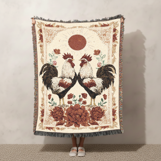 Rooster Woven Blanket, Farmhouse Tapestry Wall Hanging, Country Cottagecore Jacquard Throw, French Kitchen Decor, Chicken Lover Botanical