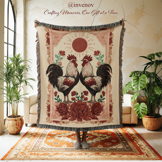 Decorative tapestry with rooster design in a room with plants and furniture.
