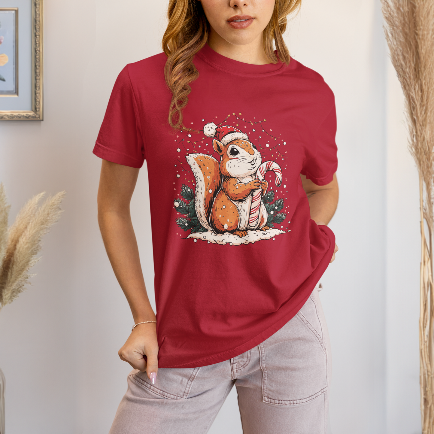 Comfort Colors Christmas Squirrel T-shirt, Cute Squirrel Tee, Festive Xmas Shirt, Santa Hat Candy Cane Top, Garment-Dyed T-shirt