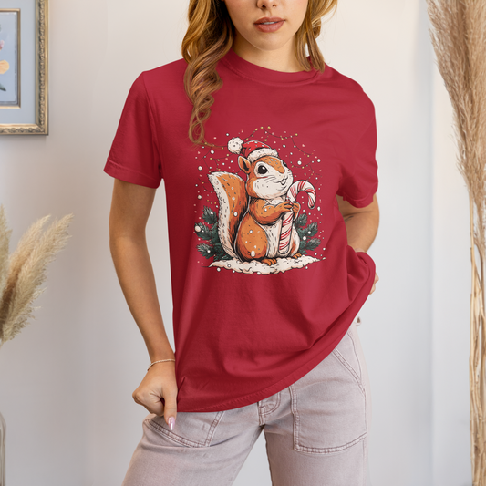 Comfort Colors Christmas Squirrel T-shirt, Cute Squirrel Tee, Festive Xmas Shirt, Santa Hat Candy Cane Top, Garment-Dyed T-shirt