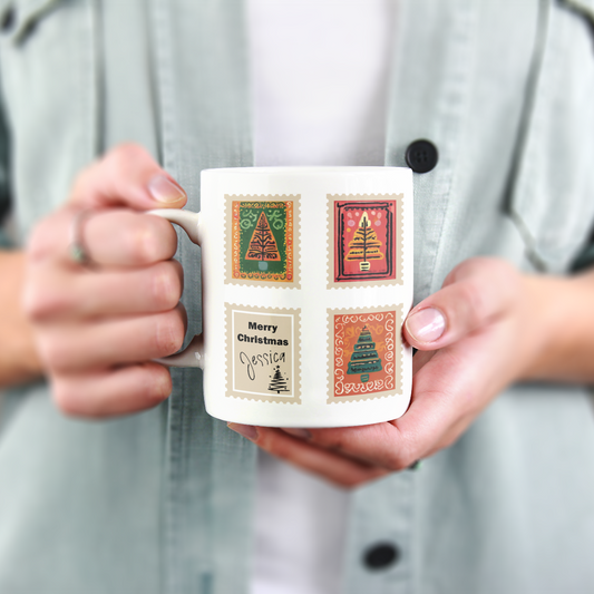 Custom Christmas Tree Stamp Ceramic Coffee Mug, Personalized Holiday Co-worker colleague Gift, Xmas Tea Cup, Home Decor, 11oz 15oz