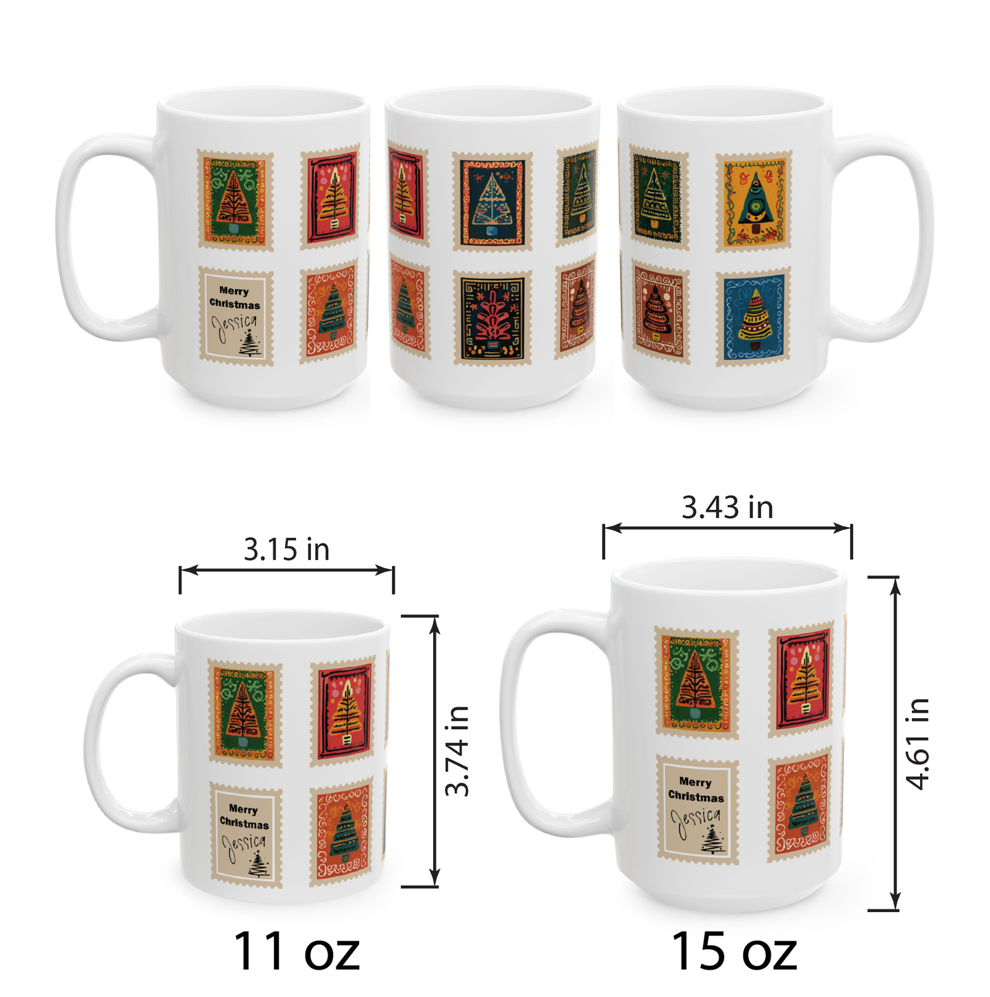 Custom Christmas Tree Stamp Ceramic Coffee Mug, Personalized Holiday Co-worker colleague Gift, Xmas Tea Cup, Home Decor, 11oz 15oz