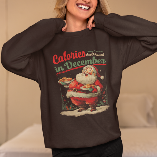 Christmas Santa Claus Sweatshirt, Funny Festive Holiday Graphic Crewneck Jumper, Calories Don't Count in December, Vintage Distressed Style