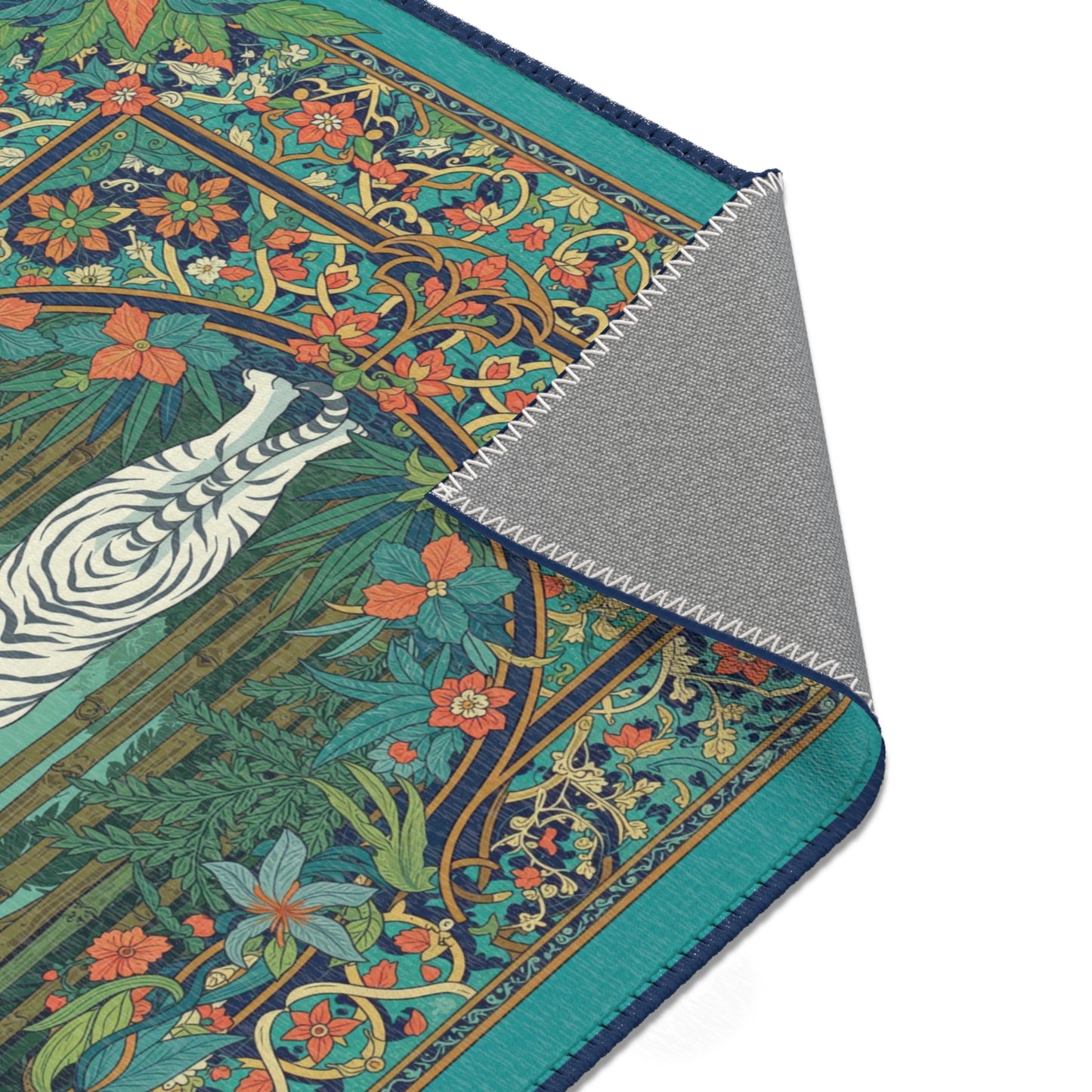 White Tiger Jungle Area Rug, Teal Tropical Bamboo Floor Mat, Art Nouveau Botanical Decor, Maximalist Animal Carpet, Boho Statement Piece