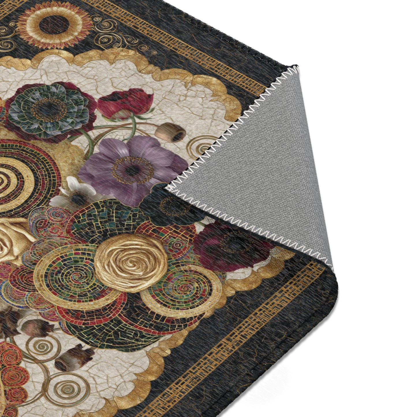 close up of area rug with abstract flower designs