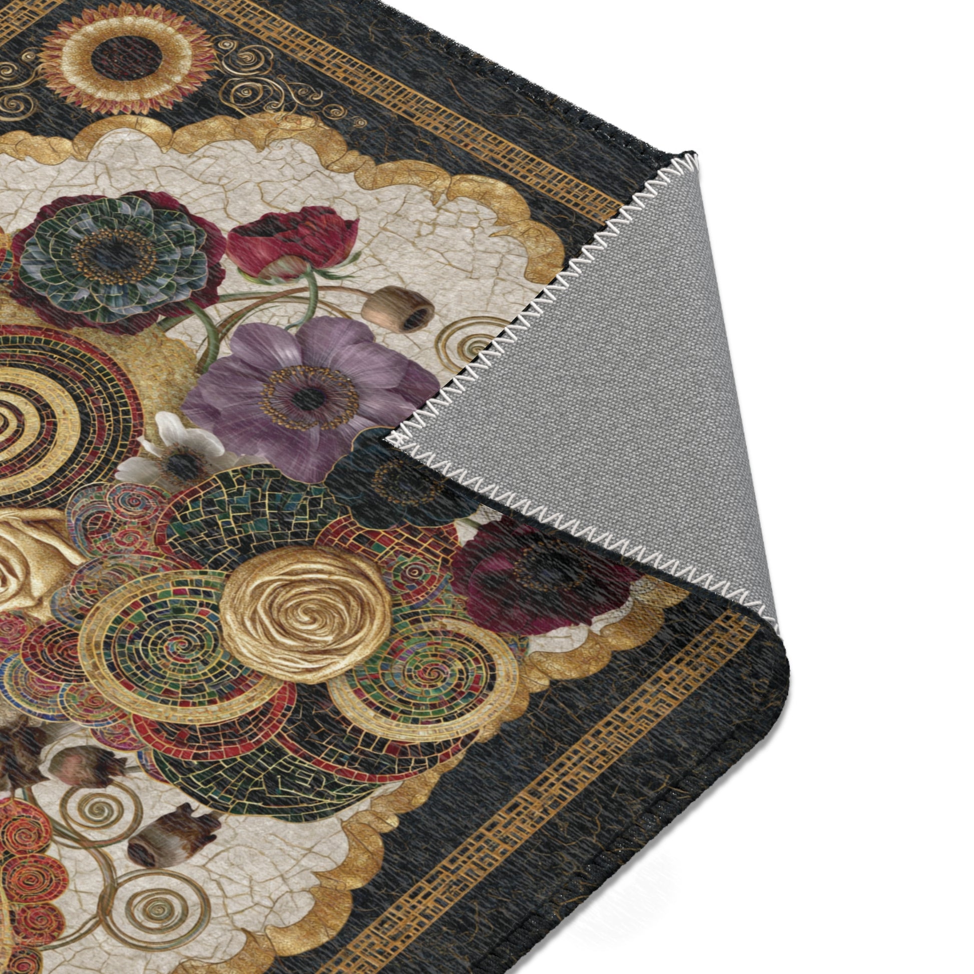 close up of area rug with abstract flower designs