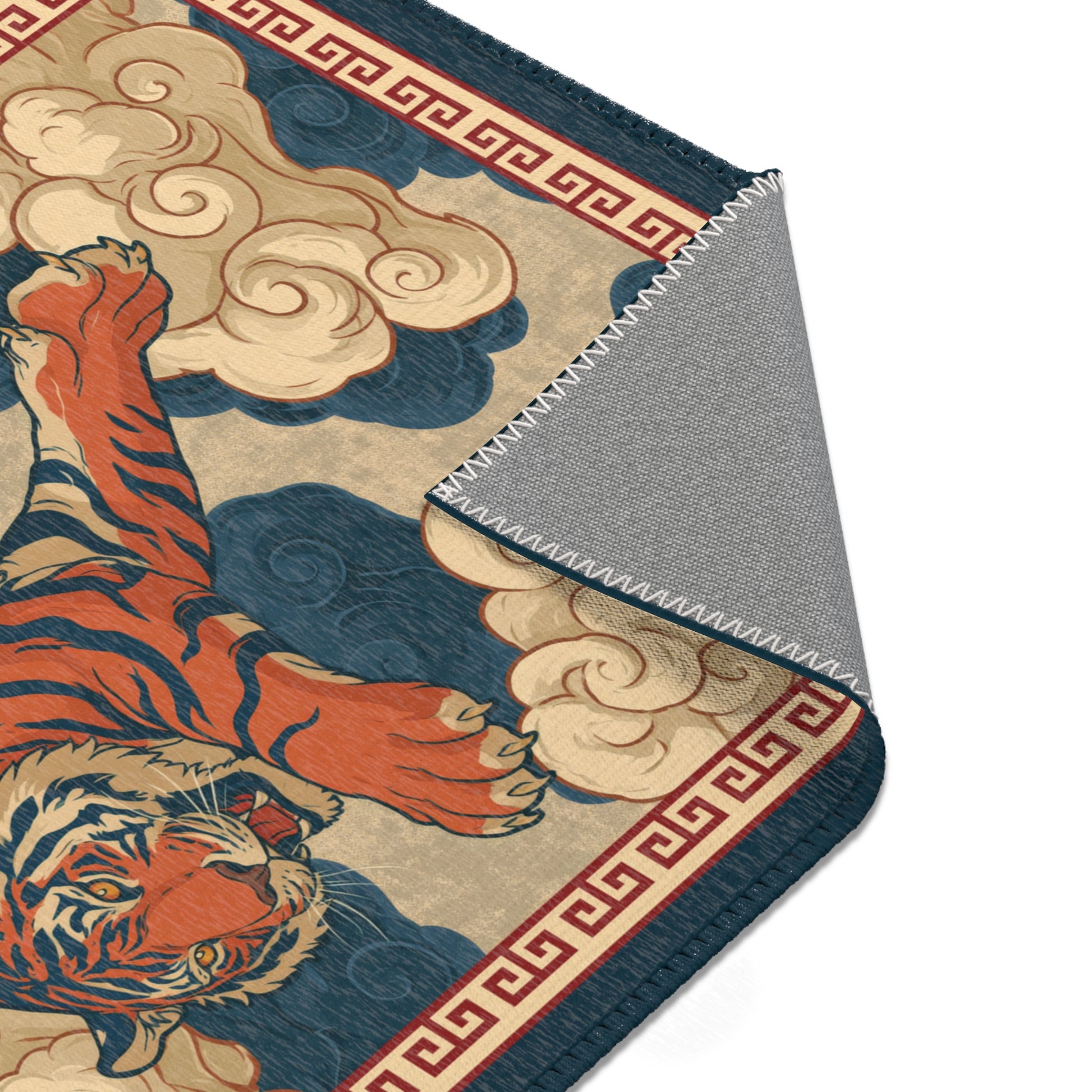 Area rug with tiger design and decorative patterns on a white background
