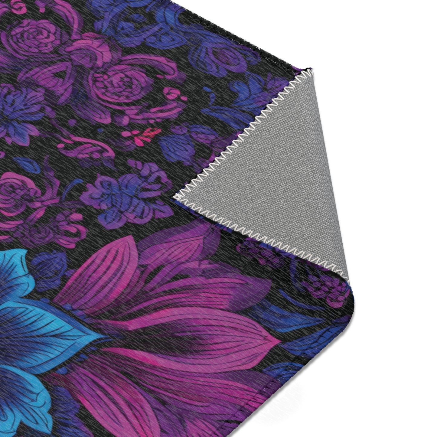 Vibrant Purple Blue Mandala Area Rug, Maximalist Boho Floral Decor, Witchy Dark Aesthetic Floor Mat, Psychedelic Bedroom Carpet