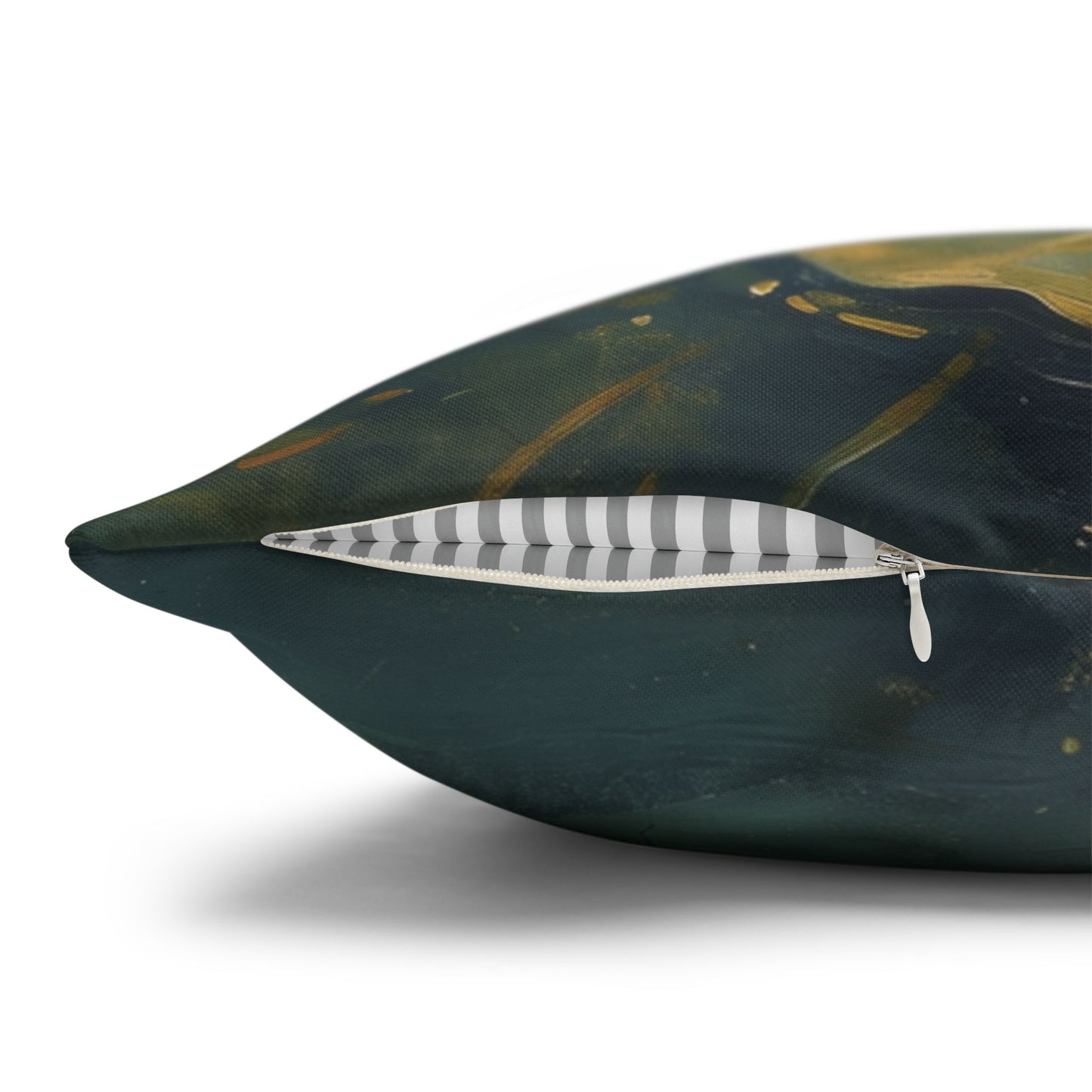 Dark green pillow with a zipper pocket featuring a striped fabric inside on a white background