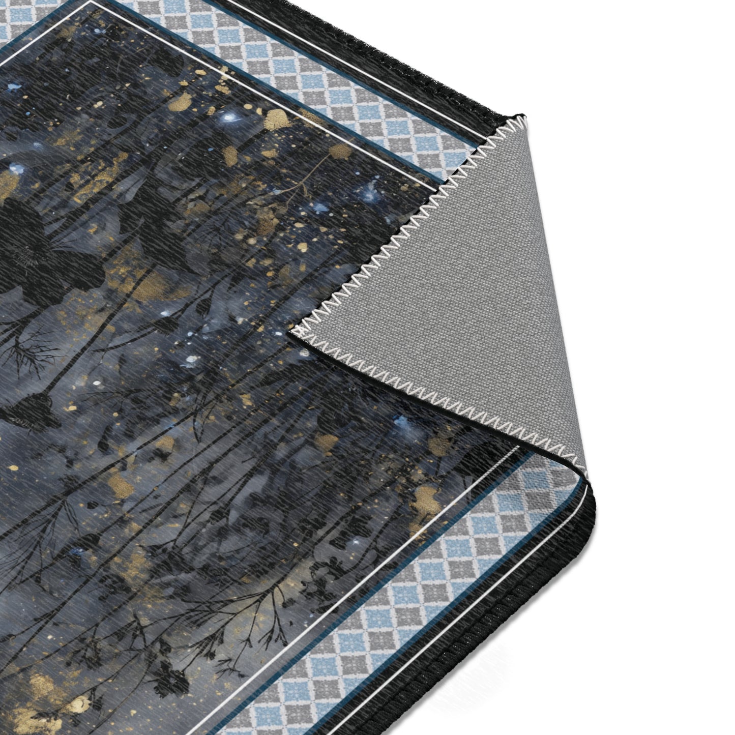 close up of an area rug with night flower graphic