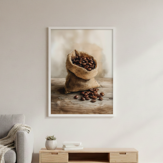Rustic Coffee Bean Wall Art Print, Burlap Sack Coffee Decor for Kitchen Canvas or Poster Print, Cafe or Coffee Bar Decoration