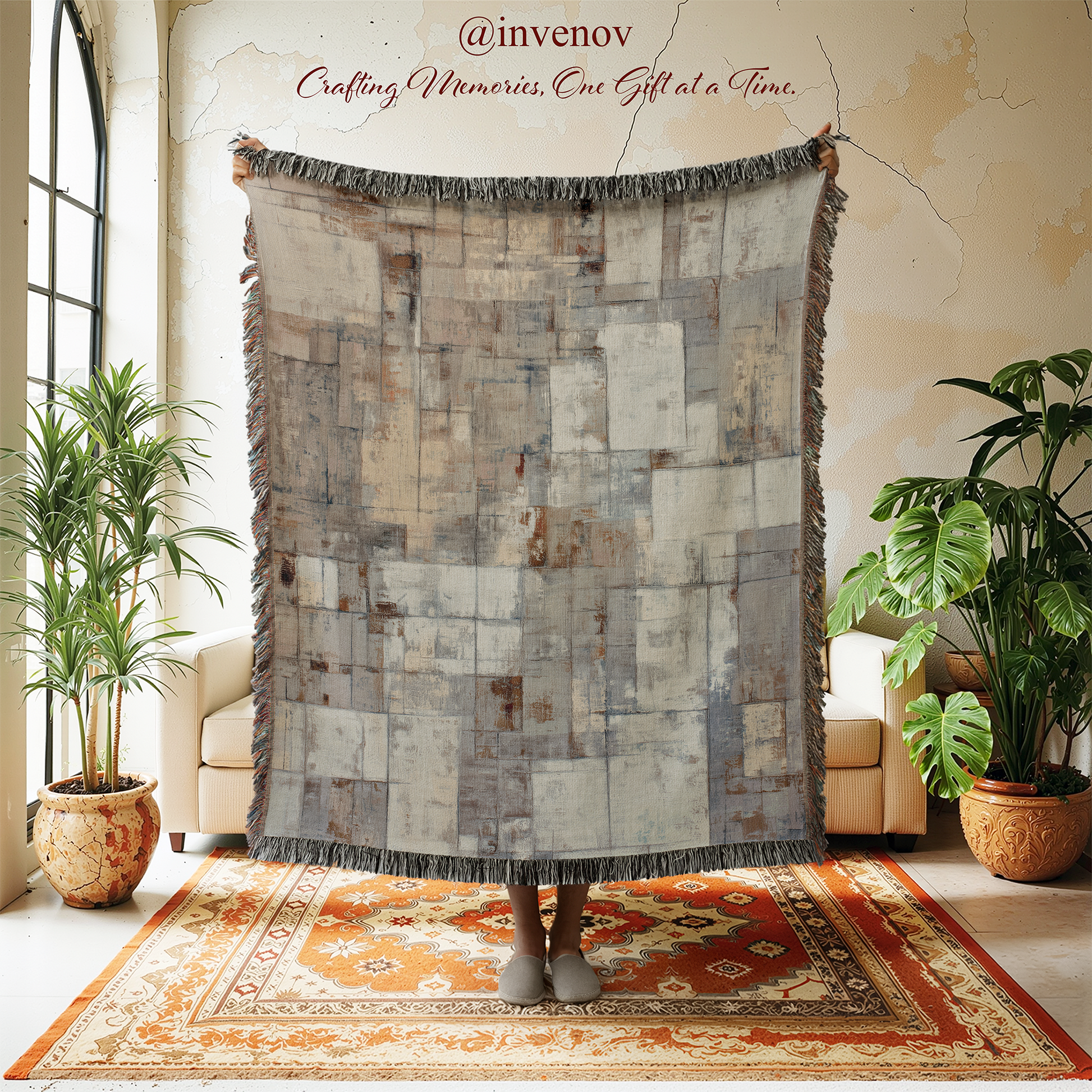 Woven blanket with abstract pattern in a living room