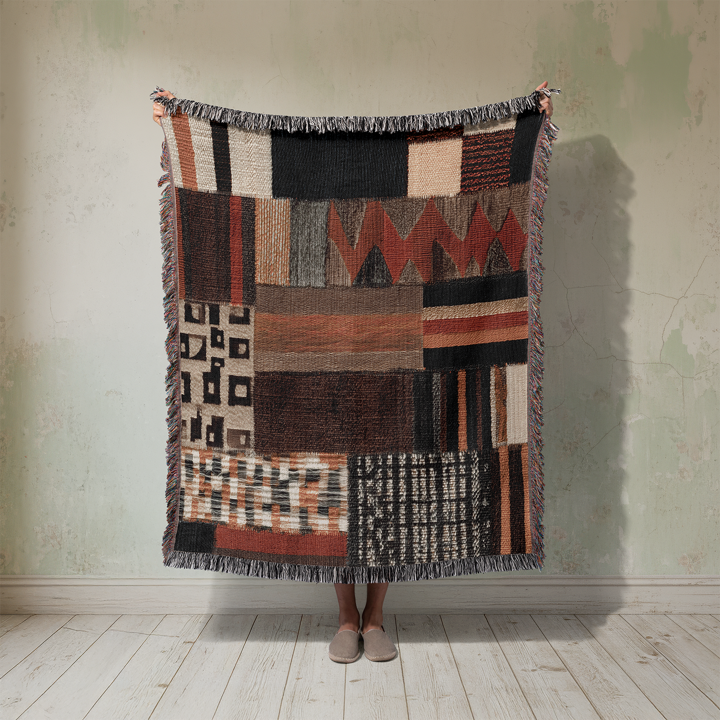 Tribal Woven Blanket, Geometric Tapestry Wall Hanging, Modern Boho Throw Jacquard, Earth Patchwork Style Decor, Eclectic Scandinavian Gift