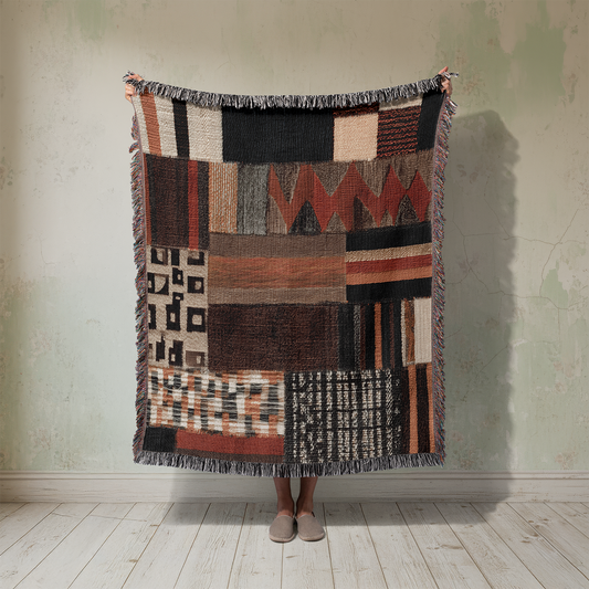 Tribal Woven Blanket, Geometric Tapestry Wall Hanging, Modern Boho Throw Jacquard, Earth Patchwork Style Decor, Eclectic Scandinavian Gift