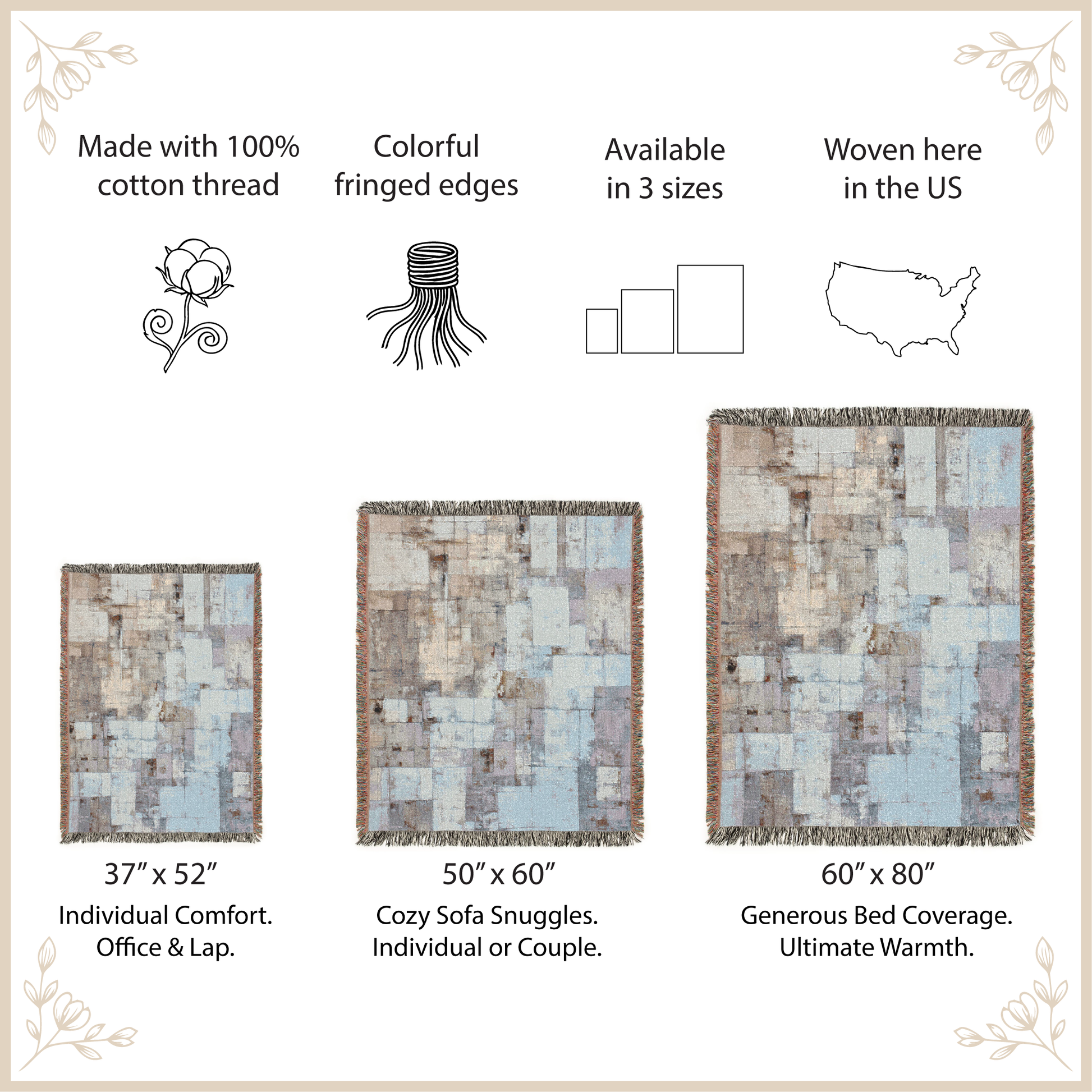 Three woven rugs with dimensions and features listed on a beige background.