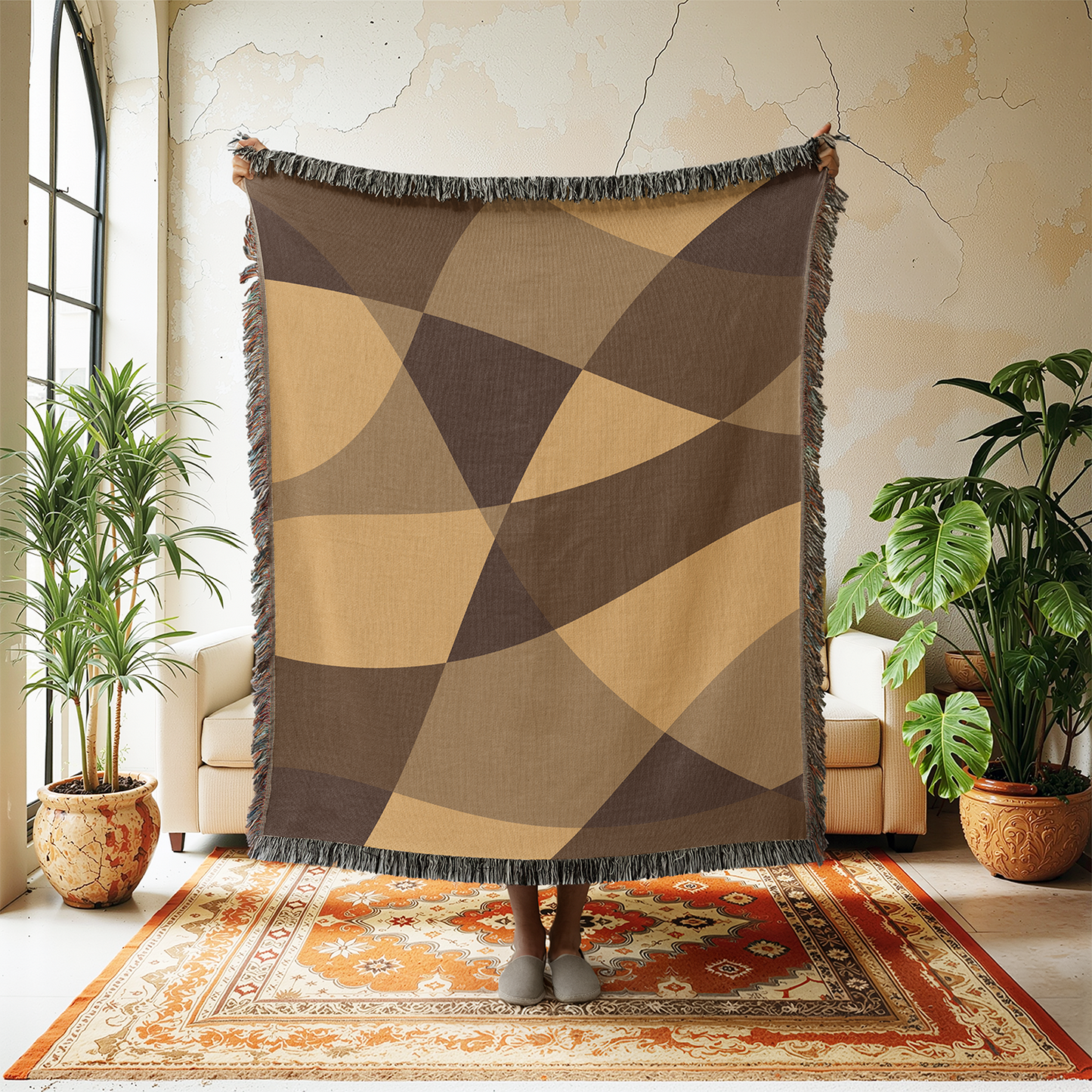 Abstract Geometric Woven Blanket, Mid Century Modern Brown Beige Throw, Neutral Earth Tone Decor, Couch Jacquard Cover, Woven Tapestry
