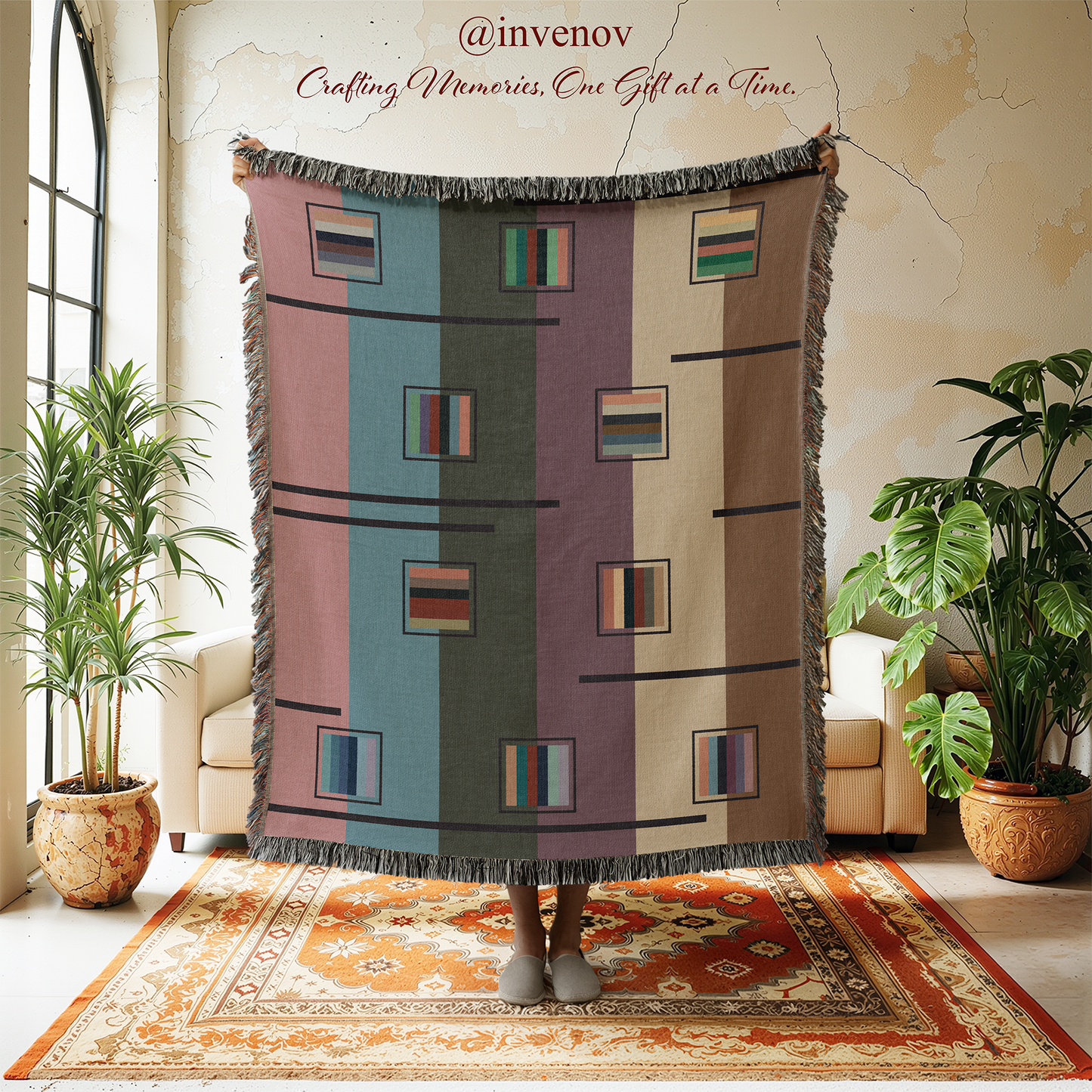 Abstract Geometric Woven Blanket, Mid Century Modern Stripe Throw, Retro 70s Color Block Tapestry, Muted Purple Teal Decor, Art Home Gift