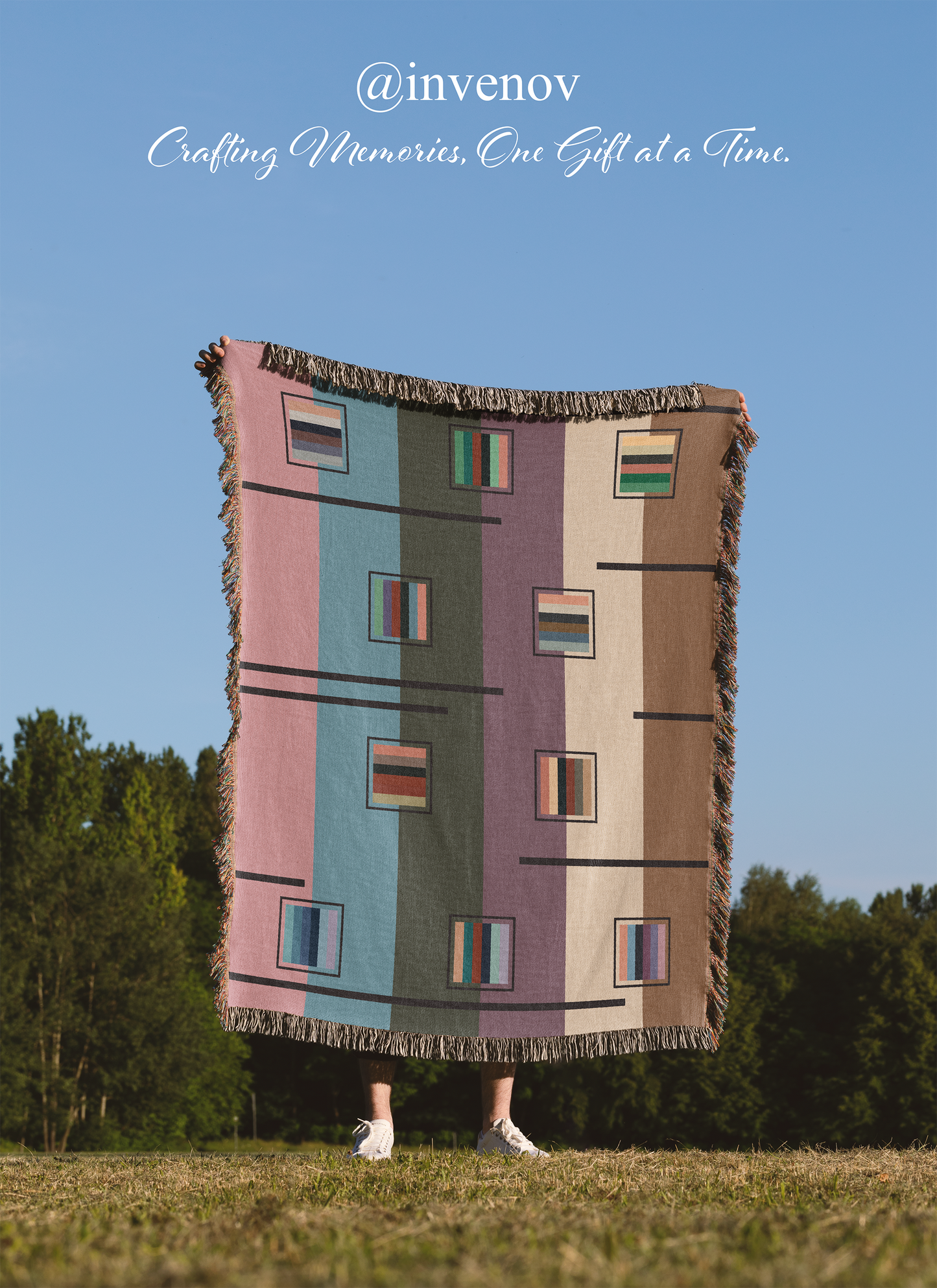 Abstract Geometric Woven Blanket, Mid Century Modern Stripe Throw, Retro 70s Color Block Tapestry, Muted Purple Teal Decor, Art Home Gift