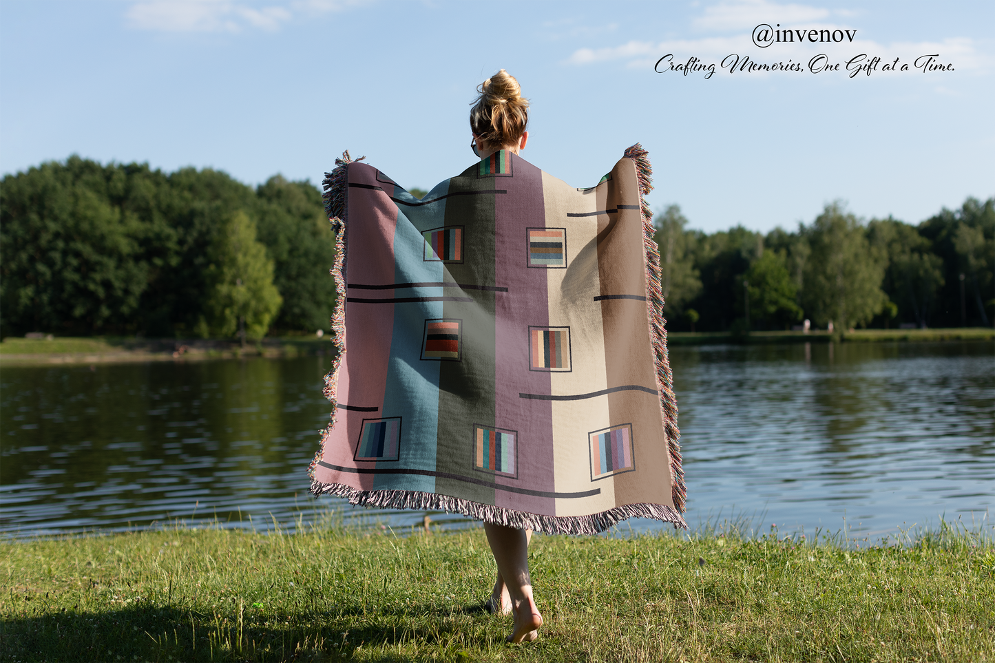 Abstract Geometric Woven Blanket, Mid Century Modern Stripe Throw, Retro 70s Color Block Tapestry, Muted Purple Teal Decor, Art Home Gift