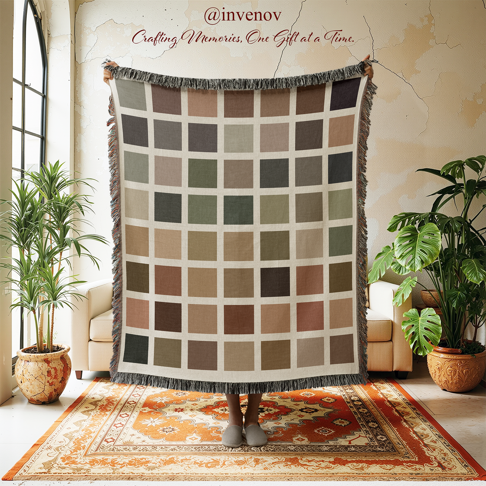 Color checkered blanket displayed in a room with plants and furniture.