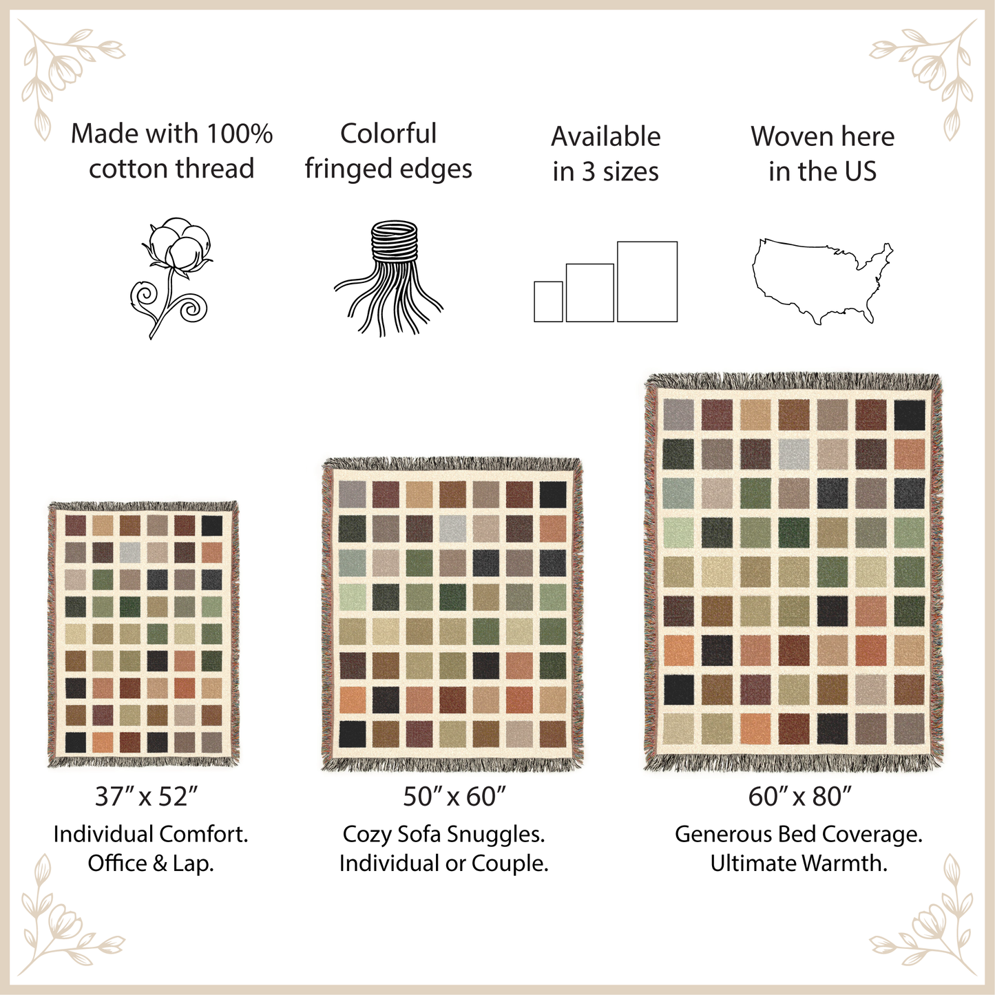 Woven blanket with size options and features on a beige background