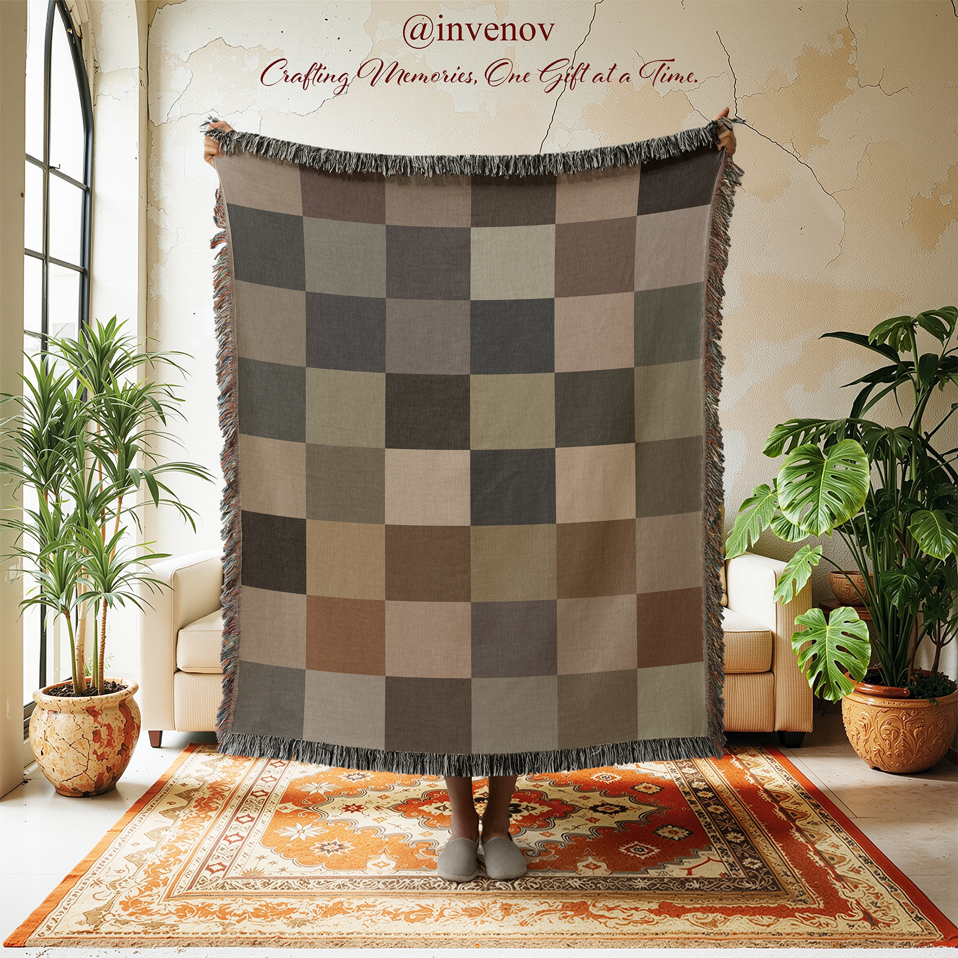 Woven blanket with a color checkerboard style pattern