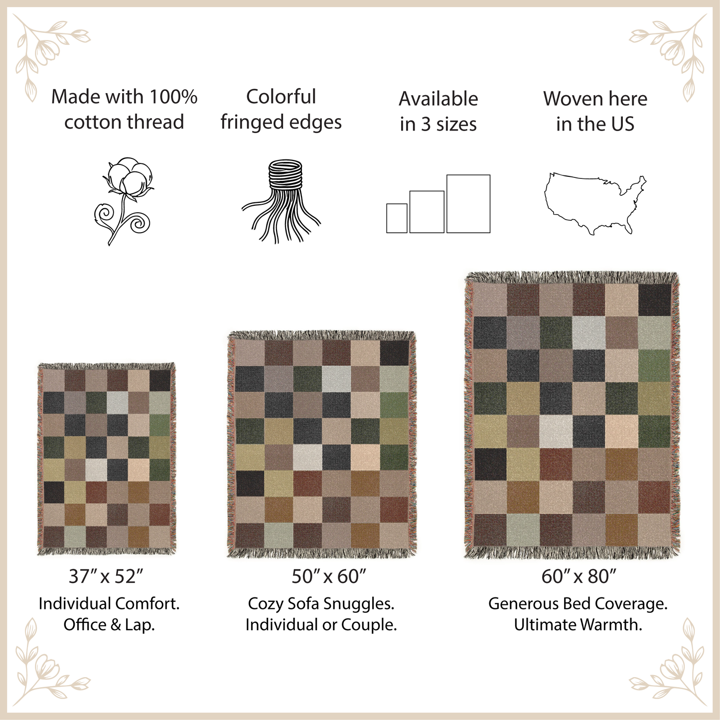 Woven blanket with size options and features