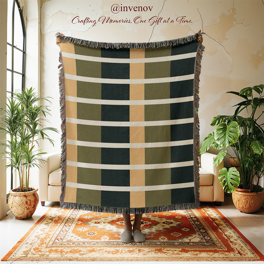 Plaid blanket displayed in a room with plants and furniture