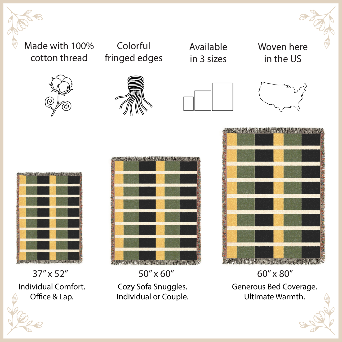 Geometric Woven Throw Blanket, Mid Century Modern Olive Green & Mustard Yellow Grid Wall Tapestry, Retro Boho Fringed Cotton Home Decor