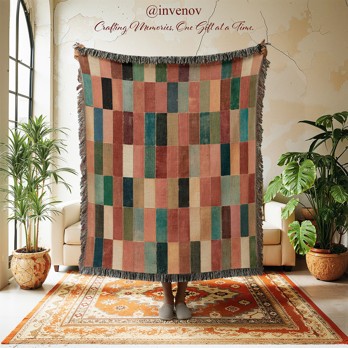 A person stands in a bright room holding up a large patchwork quilted throw blanket with fringe. The blanket features a grid of rectangular panels in muted earthy tones including teal, green, beige, brown, and cream.
