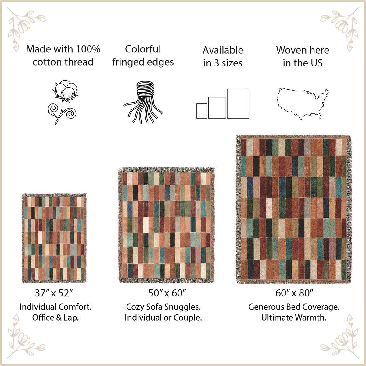 Size and feature comparison graphic for a patchwork cotton fringed throw blanket, showing three sizes: 37" x 52" Individual Comfort, 50" x 60" Cozy Sofa Snuggles, and 60" x 80" Generous Bed Coverage. The graphic includes illustrations of a cotton boll, a fringed edge, size steps, and a US map, with text stating it is made with 100% cotton thread and colorful fringed edges.