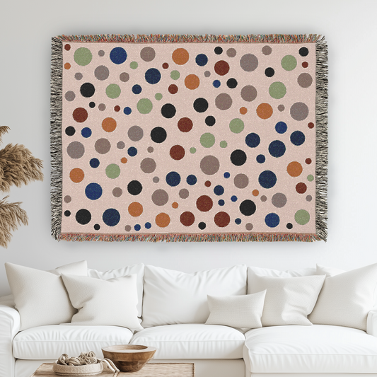 Polka Dot Woven Blanket - Multicolored Circles Throw for Couches, Beds, Home Decor, Fringed Edge, Modern Cozy Aesthetic