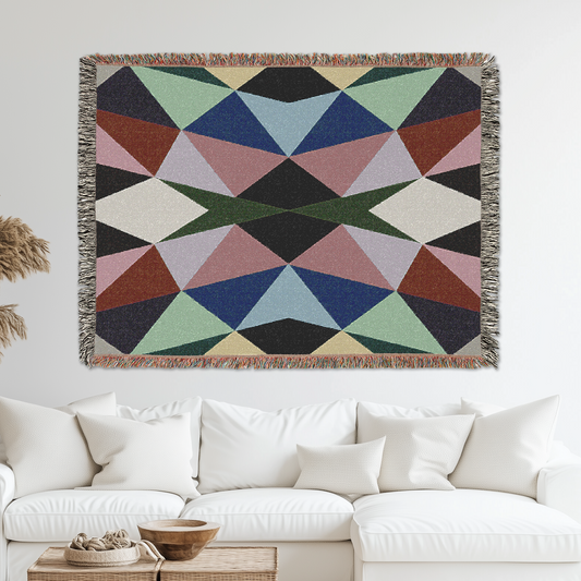 Geometric Woven Blanket, Colorful Triangles & Diamonds Pattern, Boho Home Decor, Cozy Couch Throw, Wall Decor, Artistic Fringed Throw