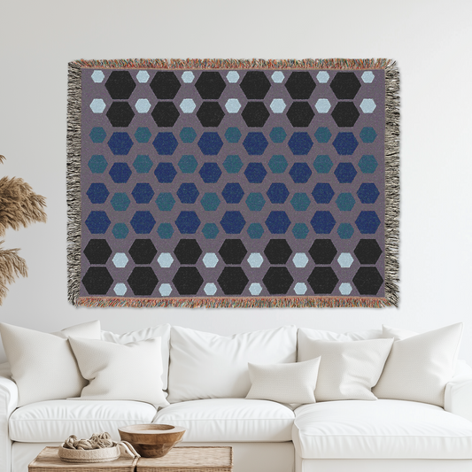 Geometric Hexagon Woven Blanket, Modern Minimalist Home Decor, Contemporary Pattern Throw Blanket, Sofa or Bed Cover, Cozy Fringe Tapestry