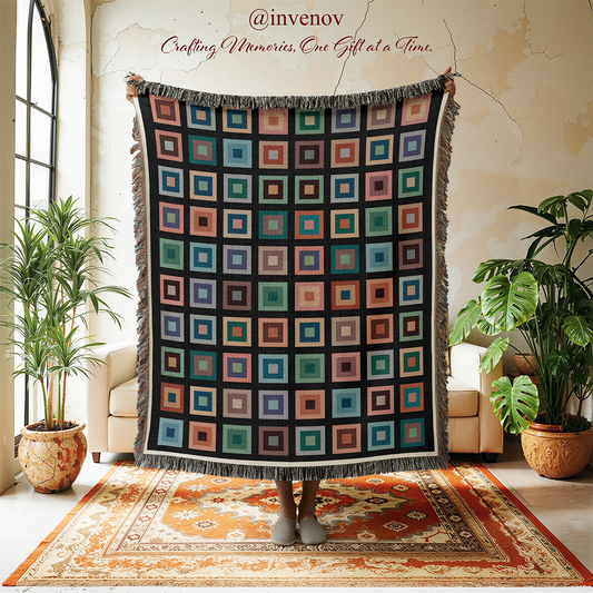 Decorative blanket with geometric pattern  in a room with plants and furniture.
