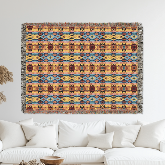 Southwestern-Inspired Woven Blanket, Boho Style Wall Hanging, Cozy Home Decor, Fringed Tapestry Throw, Artisan Style Woven Blanket