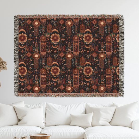 Boho Woven Blanket, Celestial Graphic Blanket, Vintage Style Floral Tapestry Throw, Sofa Bed Home Decor, Color Fringed Blanket